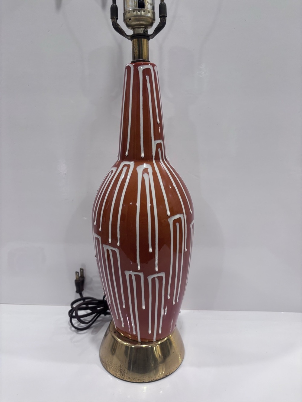 Mid Century Modern Ceramic Lamp Brown/burnt Orange White Drip Design 25”